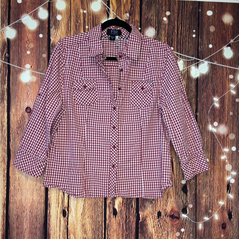 FDJ Women's Red Checkered Button Down Shirt